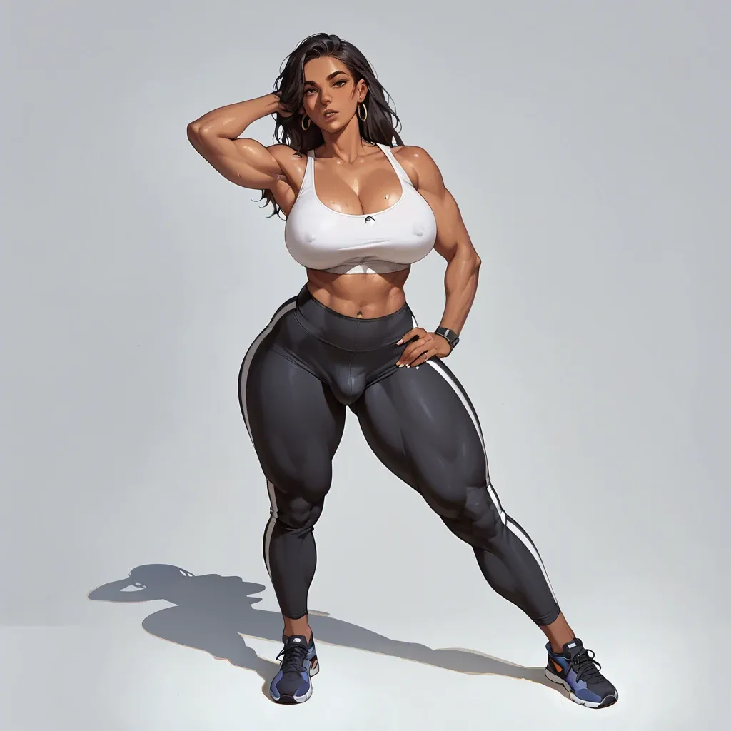 Futanari Dark tan  skin Large breast Wide hips Massive  thighs Tank top Yoga pants Bulge in pants