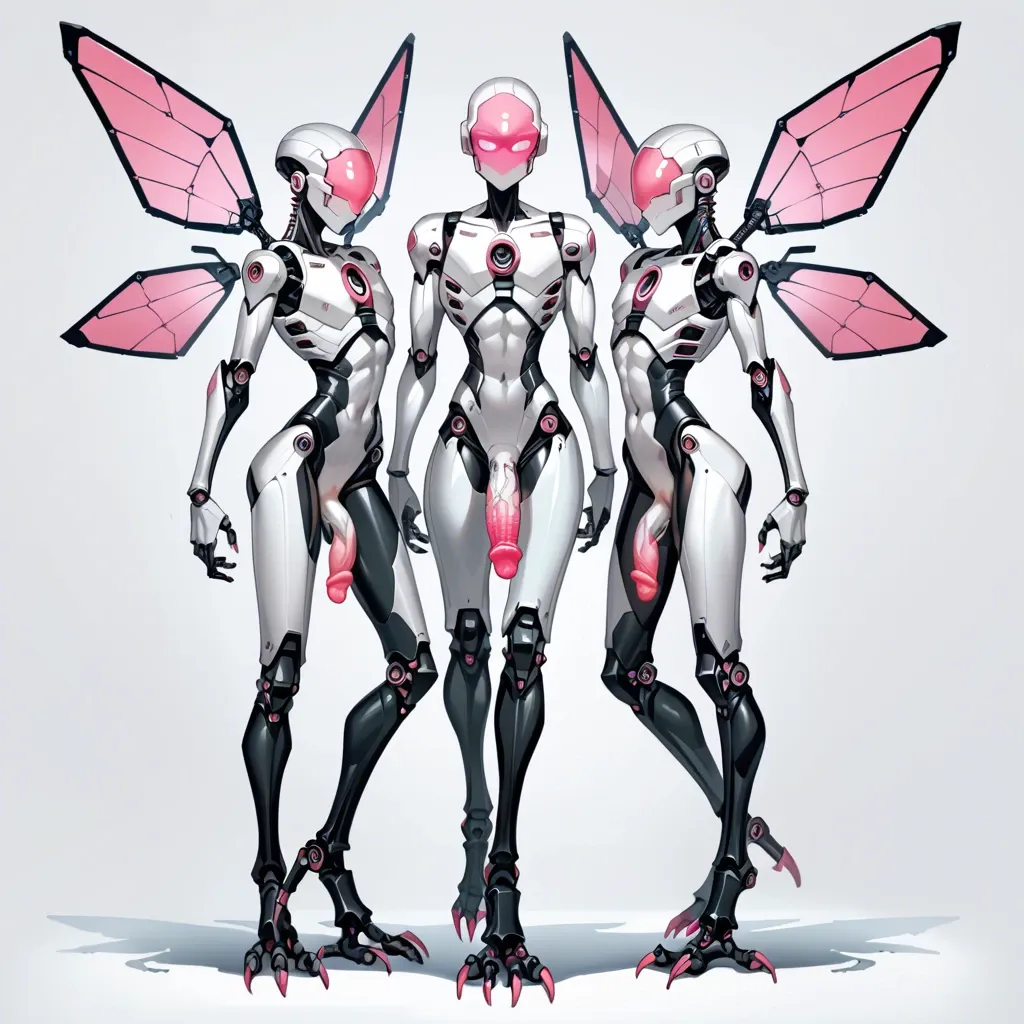 giant robots, femboys, three males, triplets, tall, robotic wings, robotic digitigrade legs, robotic talons, skinny, hourglass waist, armored face, silver metal skin, exoskeleton, glowing pink eyes, glowing pink penis, glowing pink tentacles, post-apocalyptic city, from below