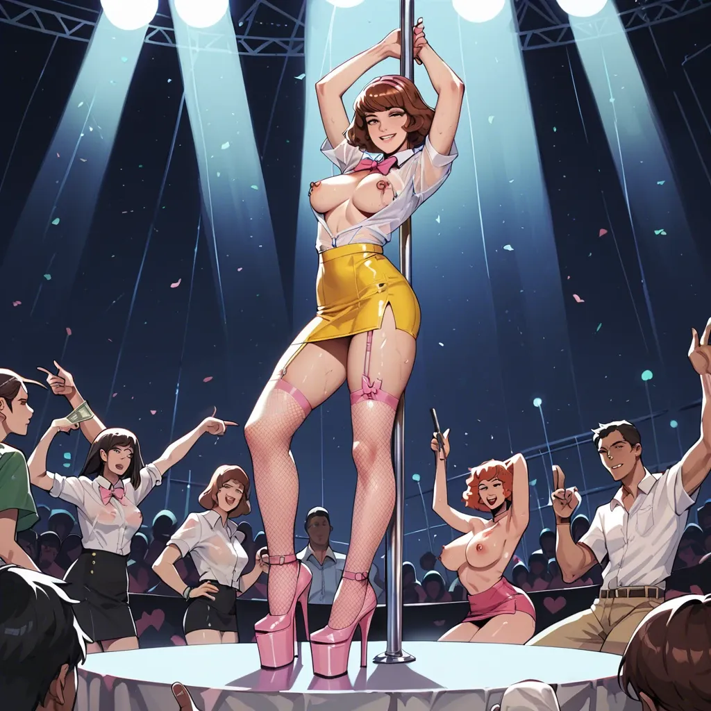 April O'Neil, anime, smiling, wet cloth, white button blouse, pink bowtie, nipple piercing, yellow tight micro skirt, pink garter belt, fishnet socks, platform white high heels, pole dancing, money in her socks, in a concert, pubic hair, anal spreaders, clitoris piercing,