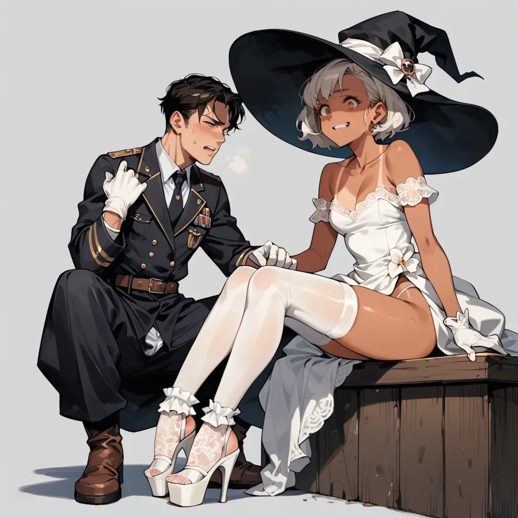 1girl,1boy, , , , cheekbones,normal feet,medium boobs,adorable face,tan line, gown,baggy socks,witch hat,thongs,knee boots, uniform,white pantyhose,white gloves,lace thong,platform heels, bedroom, streets, castle, source anime, bright, wonder woman