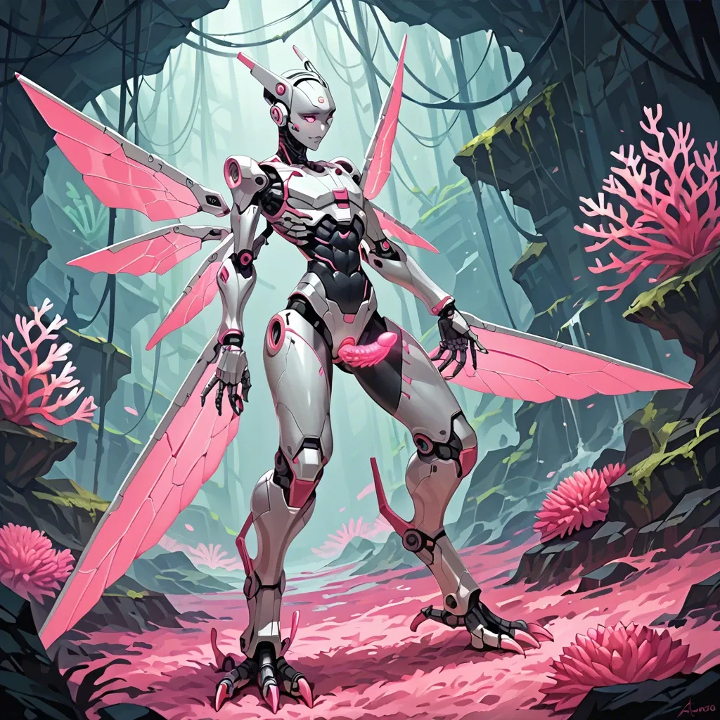 Giant robot, femboy, tall, robotic wings, robotic digitigrade legs, robotic talons, skinny, hourglass waist, armored face, silver metal skin, exoskeleton, glowing pink eyes, glowing pink penis, glowing pink coral tentacles, post-apocalyptic city, from below