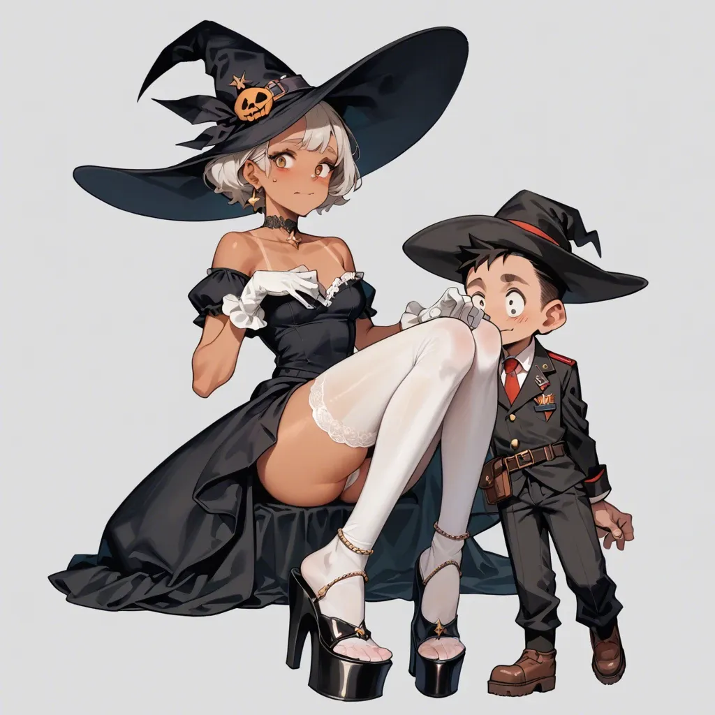 1girl,1boy, , , , cheekbones,normal feet,medium boobs,adorable face,tan line, gown,baggy socks,witch hat,thongs,knee boots, uniform,white pantyhose,white gloves,lace thong,platform heels, bedroom, streets, castle, source anime, bright, wonder woman