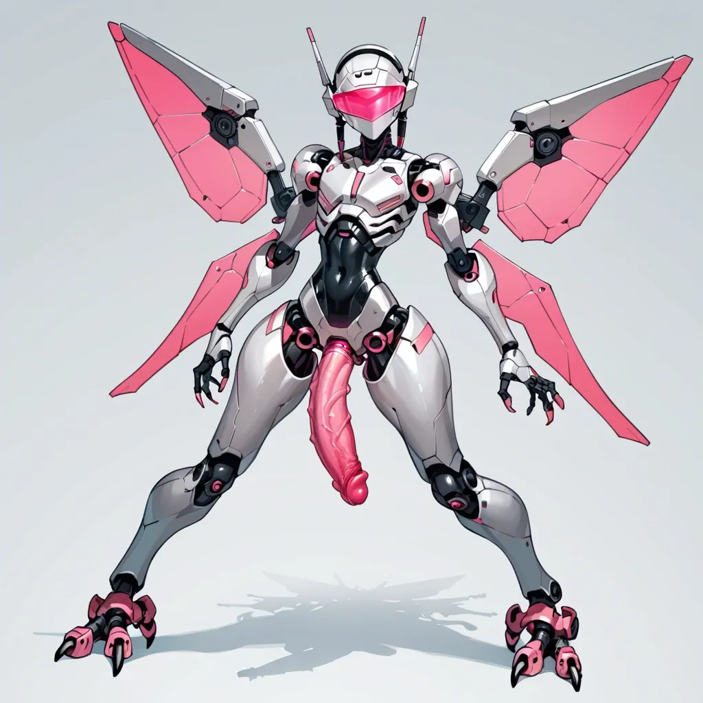 giant robot, femboy, tall, robotic wings, robotic digitigrade legs, robotic talons, skinny, hourglass waist, armored face, silver metal skin, exoskeleton, glowing pink visor, glowing pink penis, glowing pink tentacles, post-apocalyptic city, from below