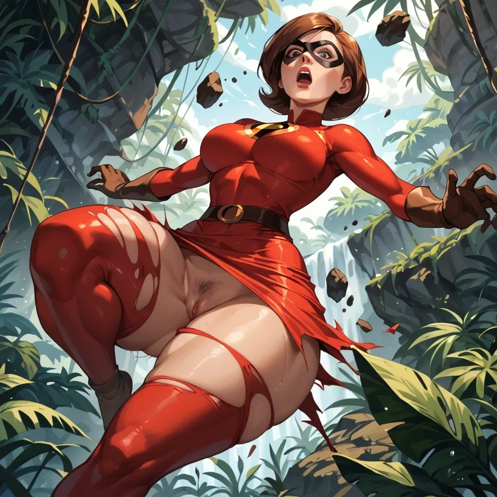 helen parr, fictional, superhero, superhero dress, red dress, black eye mask, massive ass, huge hip, ripped dress, falling down, shocked, jungle