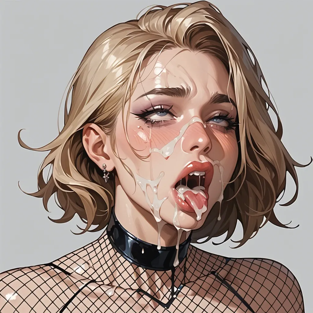 1 girl, Fishnet bodysuit, Cum on face, ahegao, Show the whole body