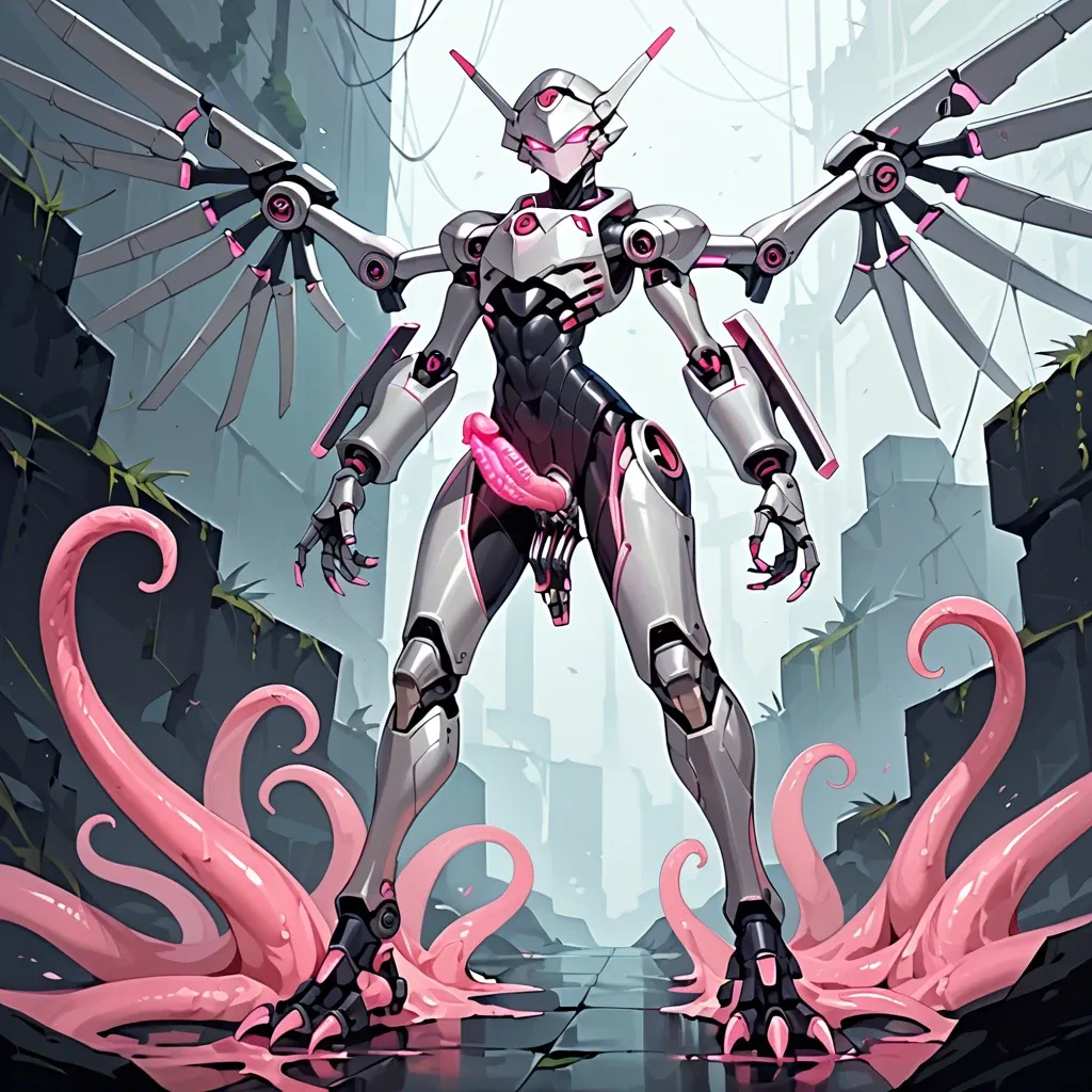 Giant robot, femboy, tall, robotic wings, robotic digitigrade legs, robotic talons, skinny, hourglass waist, armored face, silver metal skin, exoskeleton, glowing pink eyes, glowing pink penis, glowing pink tentacles, post-apocalyptic city, from below