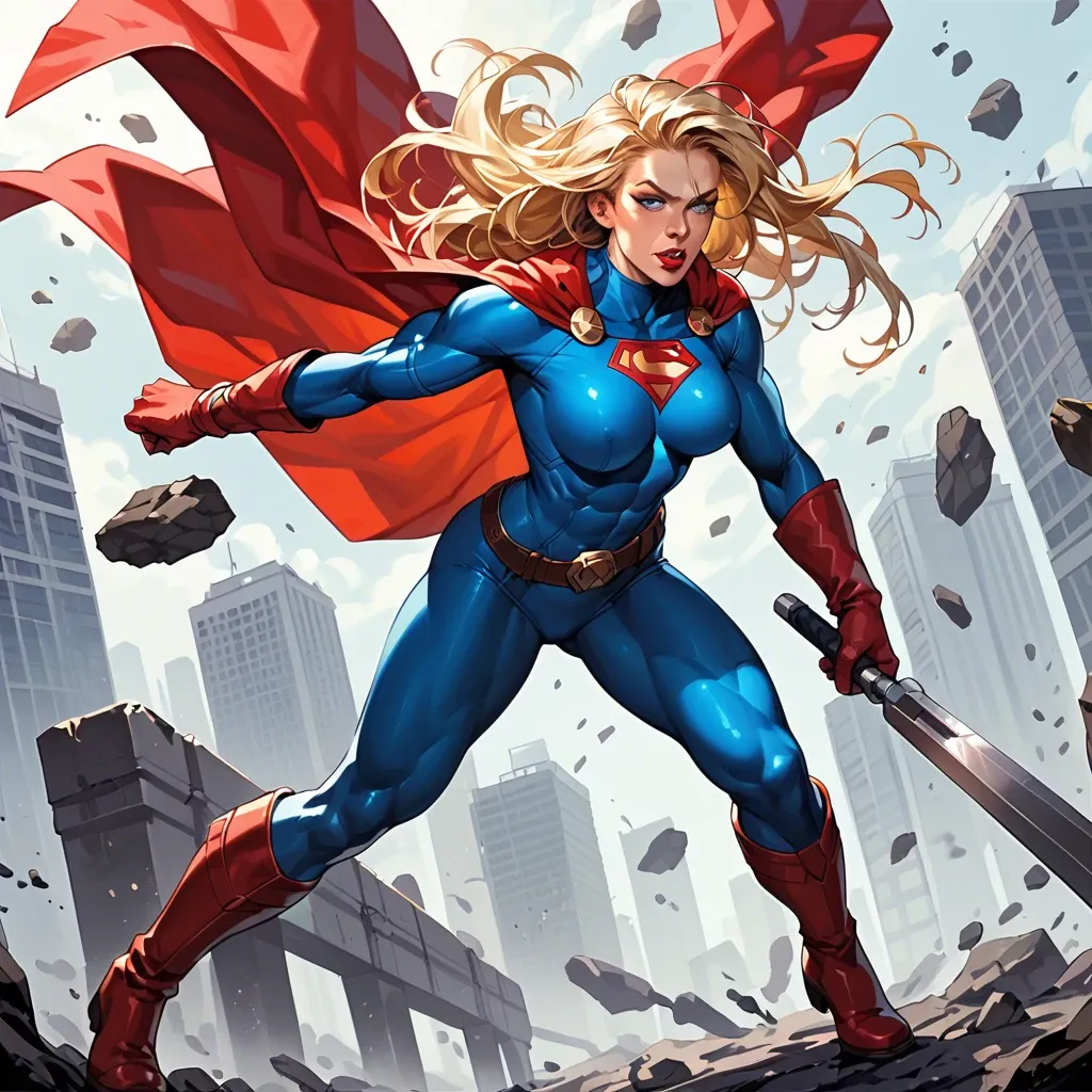 Femlander, 1girl, long hair, blue eyes, blonde hair, lipstick, muscular, superhero, bodysuit, red cape, red boots, belt