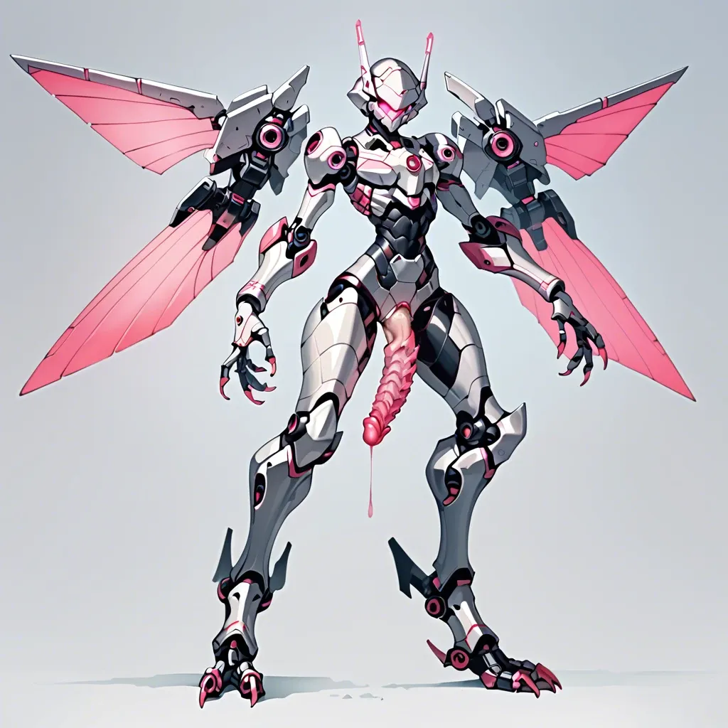 Armored core, giant robot, femboy, tall, robotic wings, robotic digitigrade legs, robotic talons, skinny, hourglass waist, armored face, silver metal skin, exoskeleton, glowing pink eyes, glowing pink penis, glowing pink tentacles, post-apocalyptic city, from below