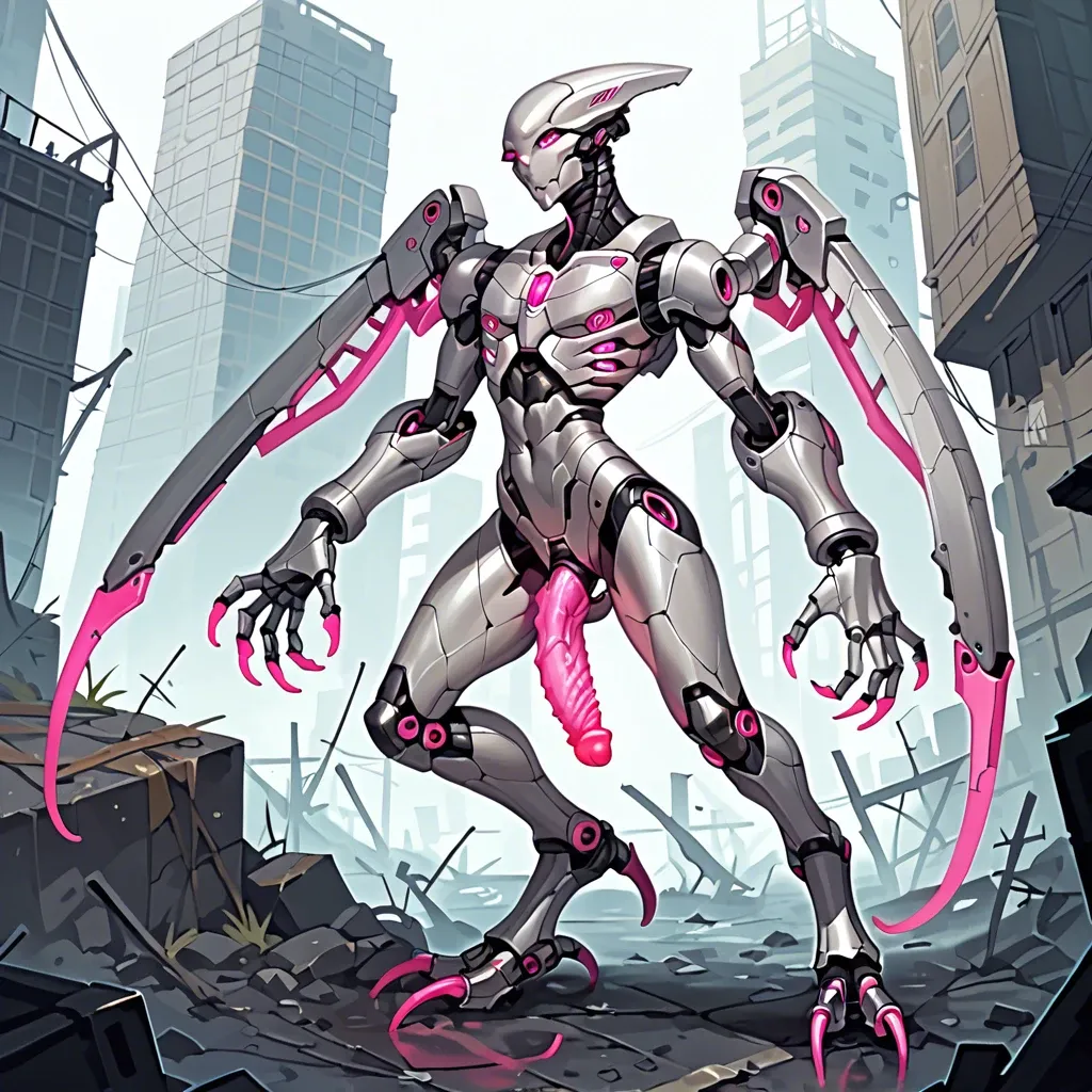 giant robot, femboy, tall, robotic wings, robotic digitigrade legs, robotic talons, skinny, hourglass waist, armored face, silver metal skin, exoskeleton, glowing pink eyes, glowing pink alien penis, post-apocalyptic city, from below