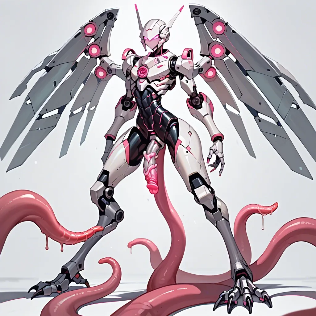 giant robot, femboy, tall, robotic wings, robotic digitigrade legs, robotic talons, skinny, hourglass waist, armored face, silver metal skin, exoskeleton, glowing pink eyes, glowing pink penis, glowing pink tentacles, post-apocalyptic city, from below