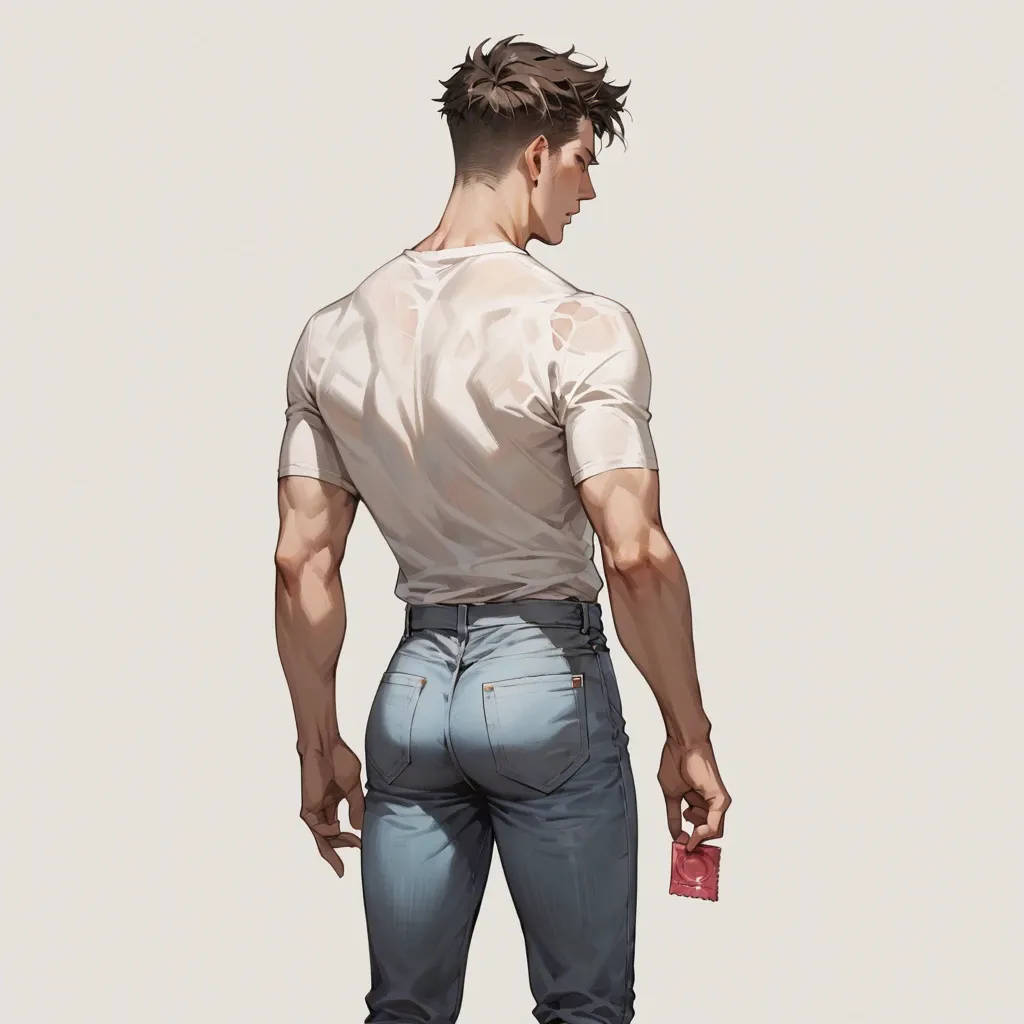 1 boy, stand with back, jeans, holding condom, detailed