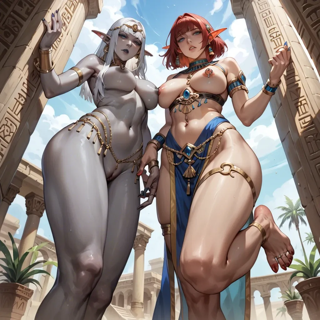 2girls,,elf,  yvraine white hair blue eyes lelith hesporax grey skin  dark grey nipples red hair nipple piercing , Egyptian scene Egyptian belly dancer painted toenails nail polish outfit standing view from below close up feet foot focus foot fetish pussy juice close up soft smile gentle smile seductive eyes,head tilt Egyptian anime art style long legs thick thighs sweaty smirking navel piercing athletic thin waist foot focus polished toenails feet nude knee up foot fetish anklet jewellery,