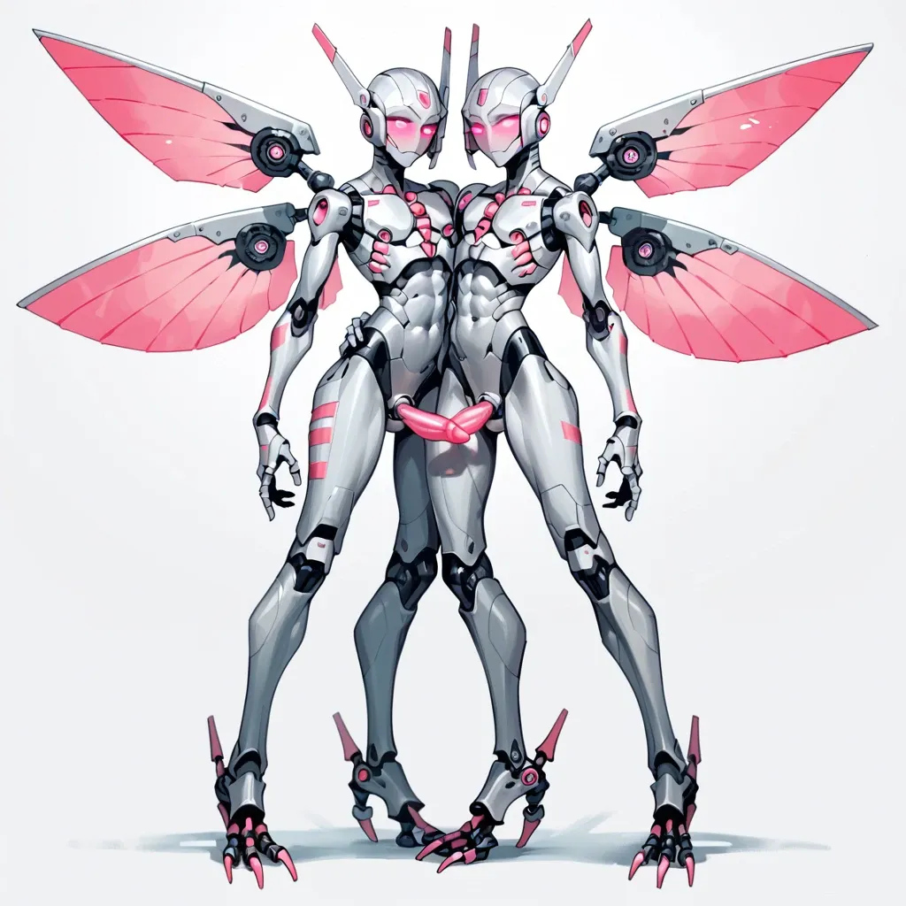 giant robots, femboys, two males, twins, tall, robotic wings, robotic digitigrade legs, robotic talons, skinny, hourglass waist, armored face, silver metal skin, exoskeleton, glowing pink eyes, glowing pink penis, glowing pink tentacles, post-apocalyptic city, from below