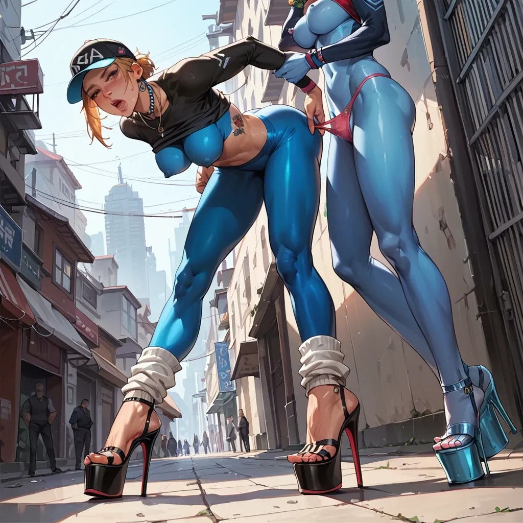 2girl, , , , cheek bulge,nice feet,nipple bulge,breast fondle,shoulder tattoo, lifting shirt,leg warmers,cap,hand on panties,platform heels, no skirt,pantyhose,beaded jewelry,blue bodysuit,high heels, bedroom, train, cyberpunk, robot eyes, western cartoon, bright colors, lara croft, makinami