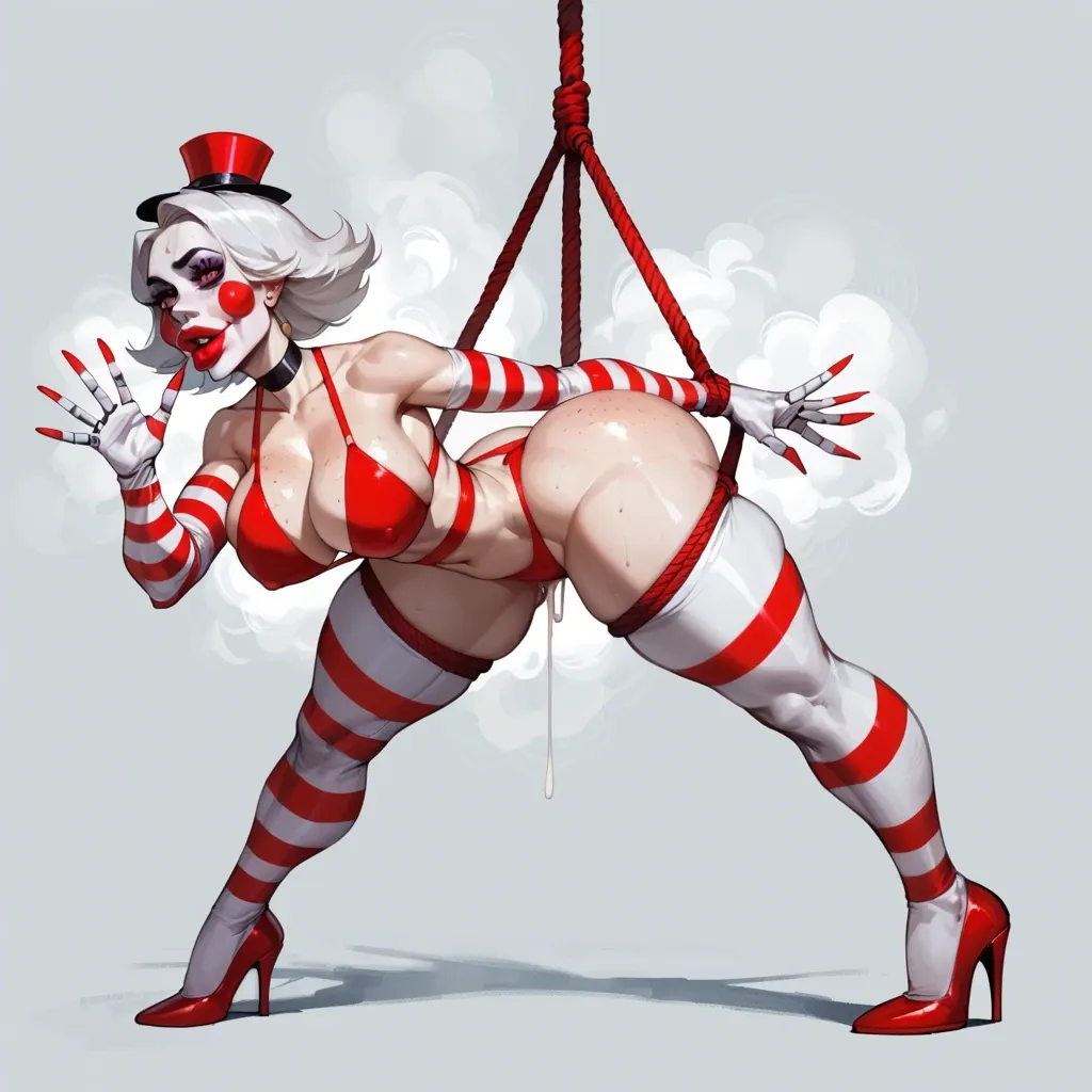 Gesture hands V, Steam, Marionette classic from "five nights at freddy's" she hanging on the ropes,  heart, big milky tits, big fat ass, very big lips, more freckles all over the body, red heels,  watching on tits, ahegao, vibrator on nipples, focus tits , camera