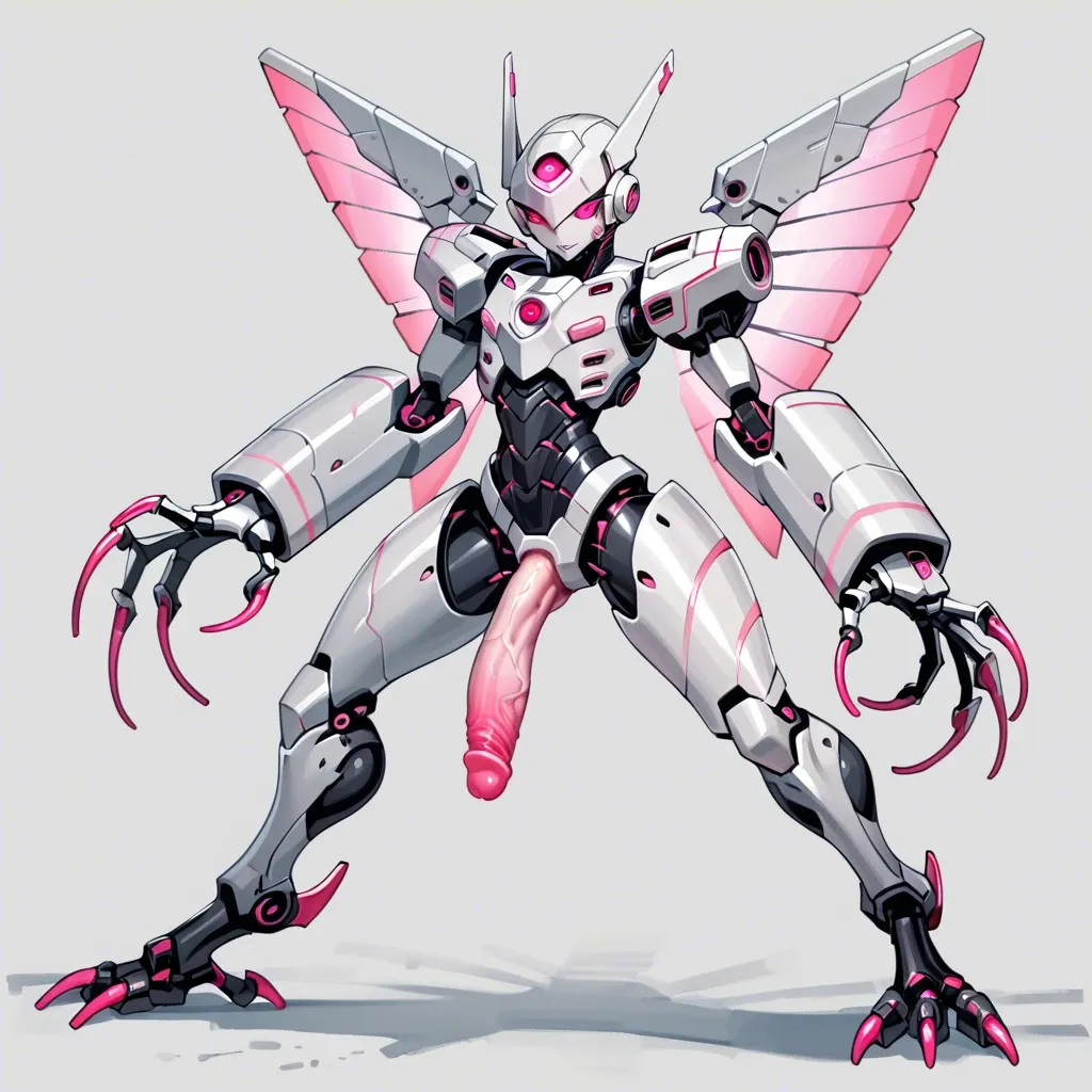 Giant robot, femboy, tall, robotic wings, robotic digitigrade legs, robotic talons, skinny, hourglass waist, armored face, silver metal skin, exoskeleton, glowing pink eyes, glowing pink penis, glowing pink tentacles, post-apocalyptic city, from below