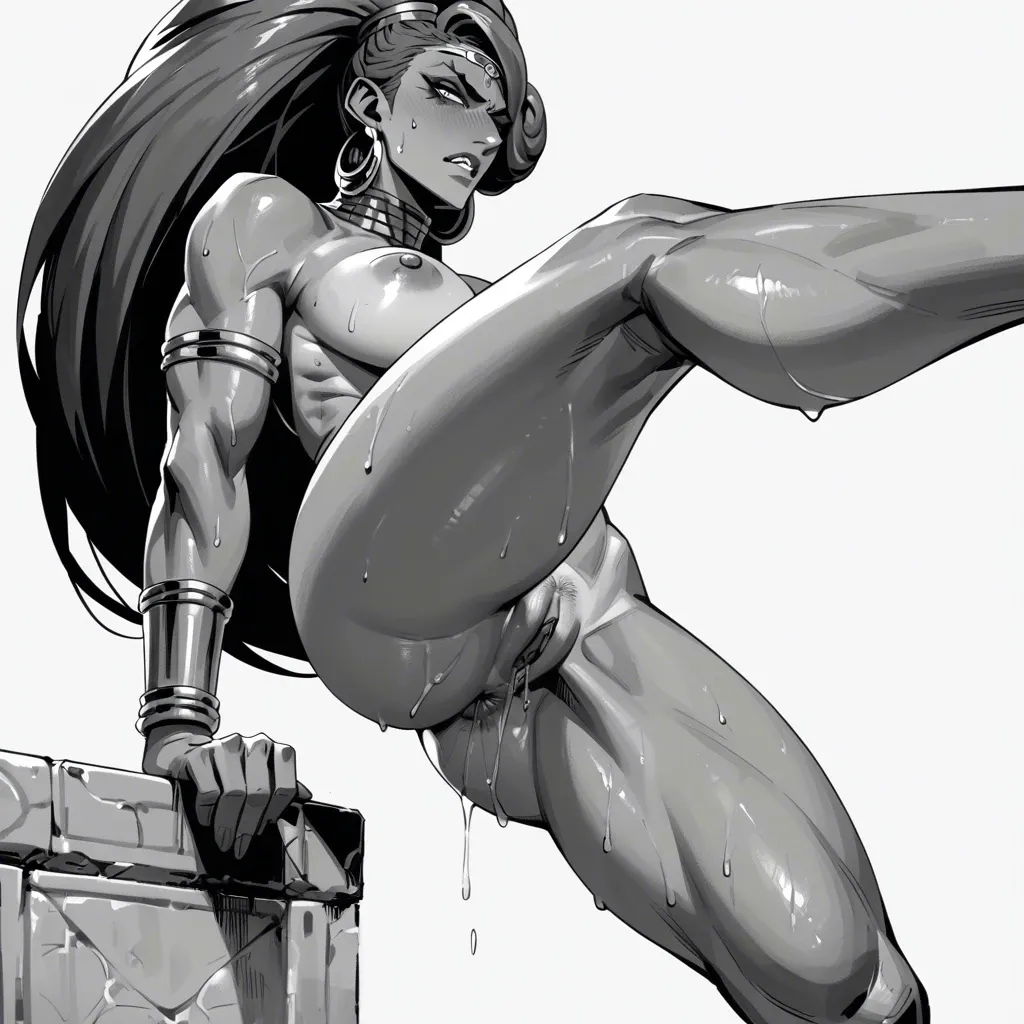 urbosa, facing away, showing teeth disgust disgusted face disgusted eyes  standing one leg raised knee raises foot raised foot focus, Egyptian setting, cunnilingus very sweaty armpit fetish detailed armpit anus pussy juice sweaty athletic long legs navel piercing jewelry anklet nipple piercing, tan skin ,