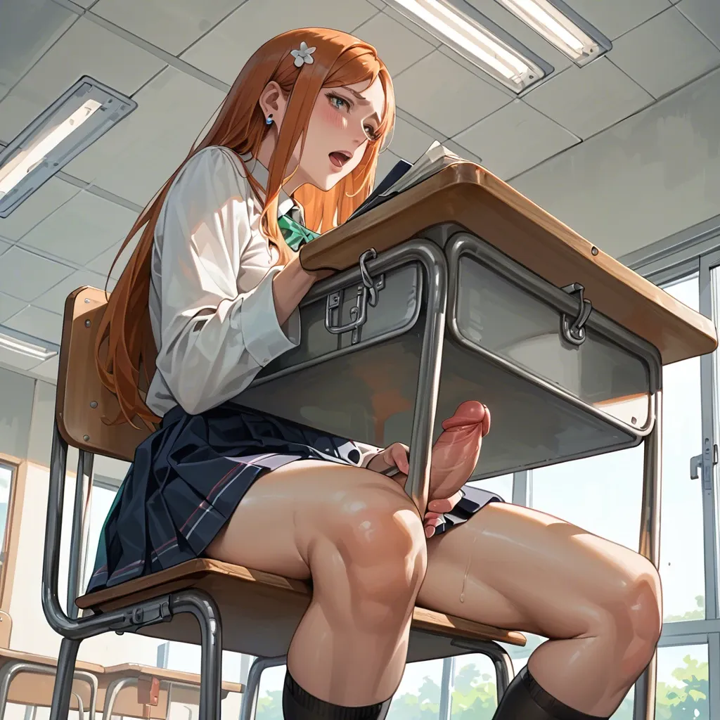 Orihime inoue sit on chair in school cabinet and masturbate her futa cock, trans, futanari, Orihime inoue in clothes fron hueco mundo arc, bottom view, school table