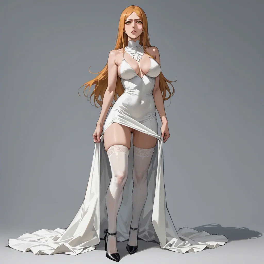 1girl, solo, (Character Orihime inoue from bleach), perfect face, perfect eyes, arrogant, blonde, in a white dress, white stockings, black heels, standing