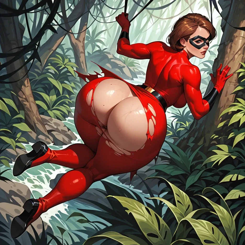 helen parr, fictional, superhero, superhero dress, red dress, black eye mask, massive ass, huge hip, ripped dress, falling down, jungle