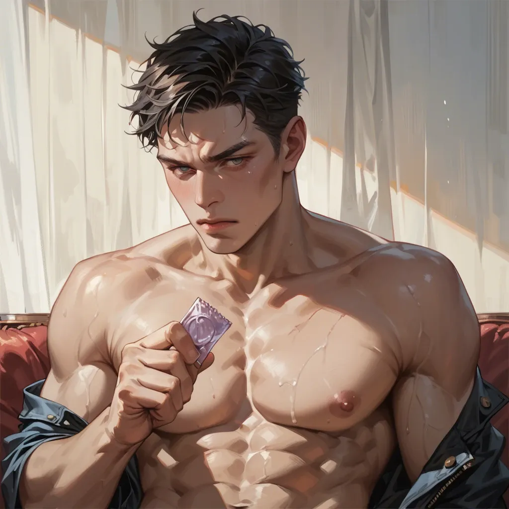 1 boy, holding condom, detailed