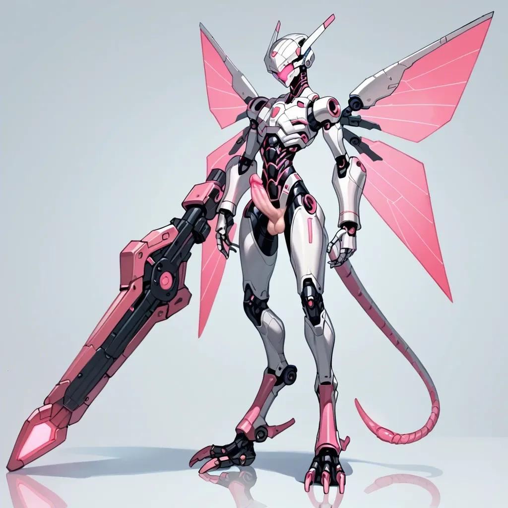 giant robot, femboy, tall, robotic wings, robotic digitigrade legs, robotic talons, skinny, hourglass waist, armored face, silver metal skin, exoskeleton, glowing pink eyes, glowing pink penis, glowing pink tentacles, post-apocalyptic city, from below