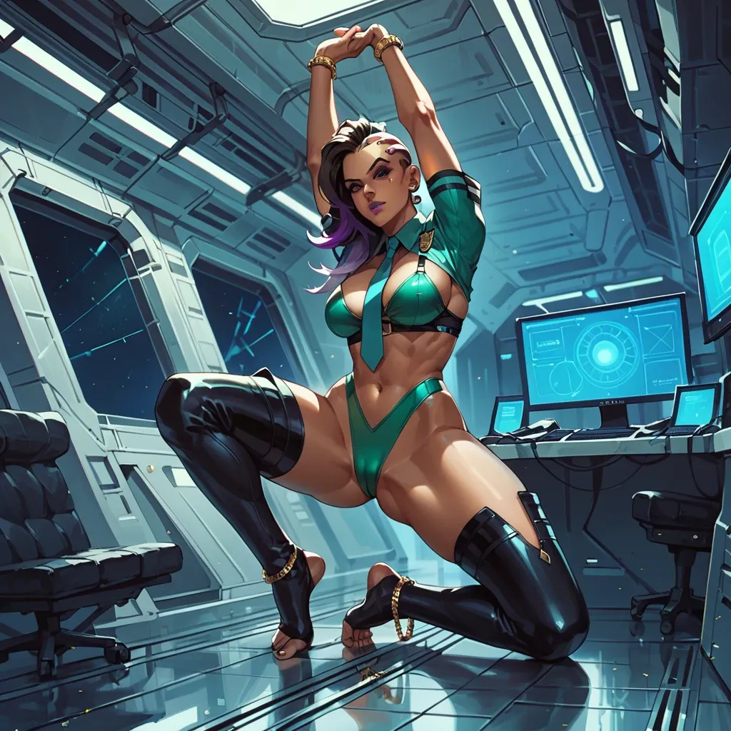 Sombra, , , , touching,anklets,perky breast,spaceship,aqua necktie, stretching,five toes,huge boobs,large hips,skin indention, police uniform,knee socks,gold jewelry,green swimsuit,thigh boots, bedroom, subway, cyberpunk, respectable, detailed hands, dark eyes, princess zelda, elsa hair