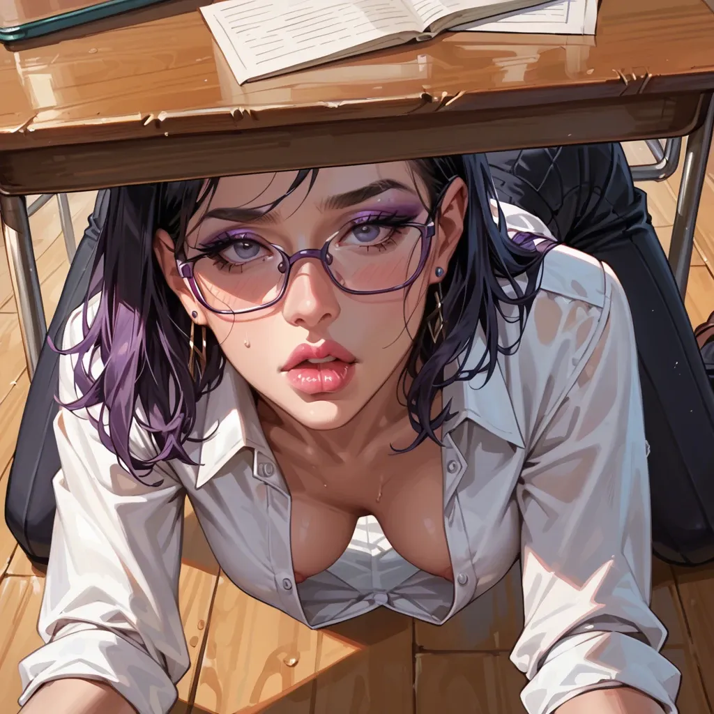 1 man, 1 girl, Young submissive perfect Beauty petite slim dream schoolgirl cutie, teasing, pink lips, purple eyeshadow, nerdy glasses, Open blouse, classroom, doggystyle under table, gagging