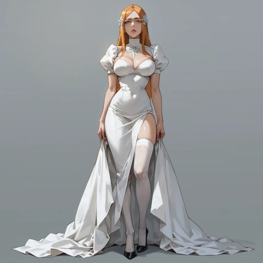 1girl, solo, (Character Orihime inoue from bleach), perfect face, perfect eyes, arrogant, (blonde), in a white dress, white stockings, black heels, standing,