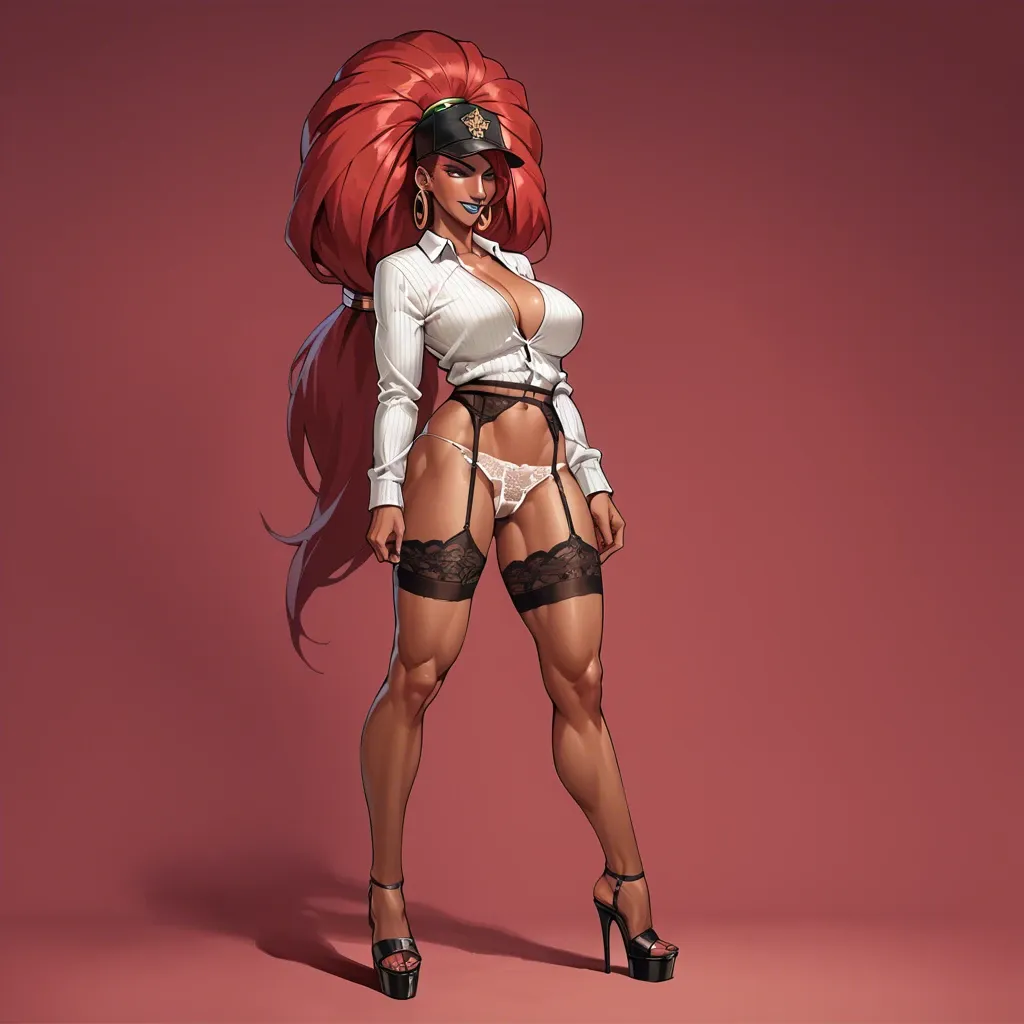 Urbosa, 1girl,solo, , , , very big eyes,warm smile,big breasts,red background,skinned, formal shirt,garter belt,print panties,crotchless,platform heels, white sweater,white lace,cap,bikini,sandals, torn dress,black lace bra,glasses,sexy lingerie,no shoes, bedroom, pine forest, tavern setting, close camera, clv gag, semi-realistic, well-lit, lara croft, jasmine