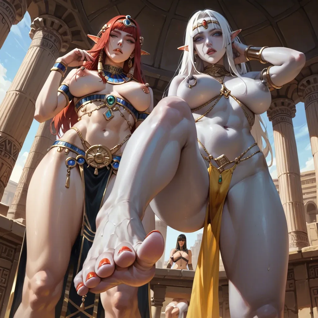 2girls,,elf,  yvraine white hair blue eyes lelith hesporax grey skin  dark grey nipples red hair nipple piercing , Egyptian scene Egyptian belly dancer painted toenails nail polish outfit standing view from below close up feet foot focus foot fetish pussy juice close up soft smile gentle smile seductive eyes,head tilt Egyptian anime art style long legs thick thighs sweaty smirking navel piercing athletic thin waist foot focus polished toenails feet nude knee up foot fetish anklet jewellery,