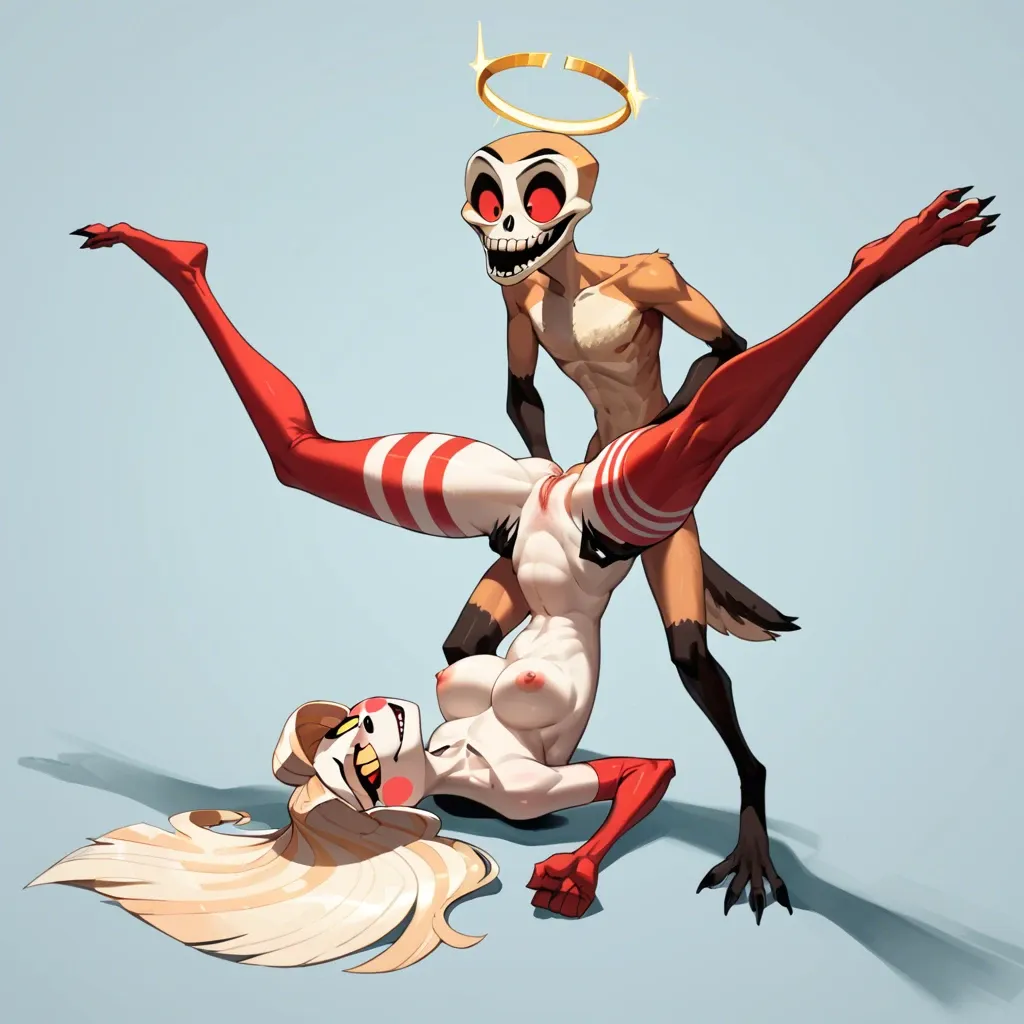 Hazbin hotel artstyle, Charlie morningstar with halo getting fucked by furry scp 1471 mal0, piledriver position, both full body visible, size difference