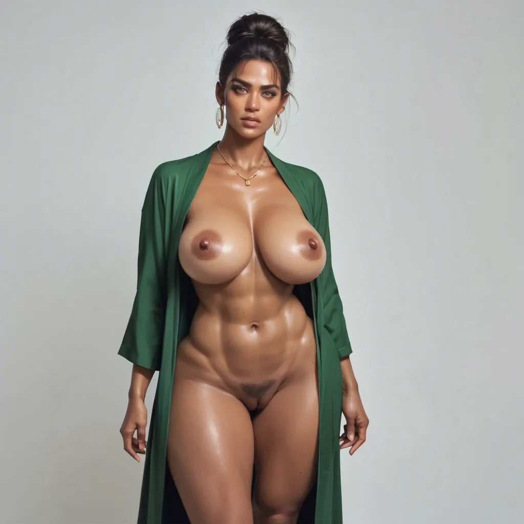 Realistic 3d artstyle, wearing green robe, BIG FAKE MELON tits, Standing,  Top of her head, huge dumptruck ass, brazilian milf, dark black skin color female,FAKE BUSTY BREAST,  busty huge fake tits, skinny thighs, HOURGLASS body figure, black hair, viewer pov, standing, swollen melon breast, face closeup pov