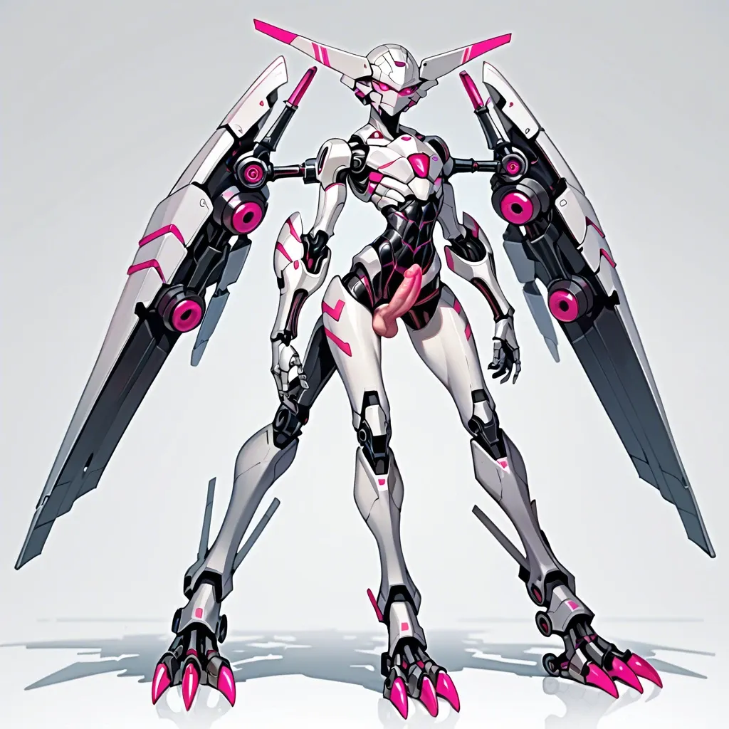 giant robot, femboy, tall, robotic wings, robotic digitigrade legs, robotic talons, skinny, hourglass waist, armored face, silver metal skin, exoskeleton, glowing pink eyes, glowing pink penises, multiple penises, post-apocalyptic city, from below