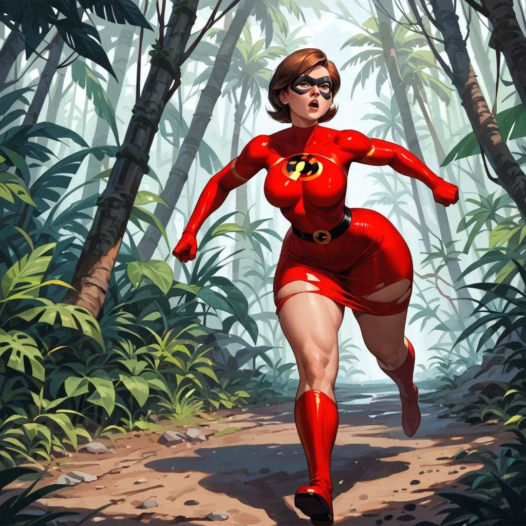 helen parr, fictional, superhero, superhero dress, red dress, black eye mask, massive ass, huge hip, ripped dress, running, jungle