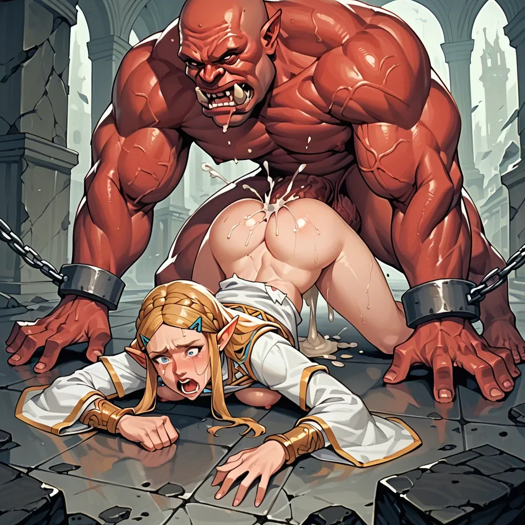 princess zelda, screaming, tears, on all fours, destroyed remains of clothes, exposed breasts, chained to floor, anal sex, huge orc man red skin, extreme massive bulging hyper penis bigger than arm, massive swollen balls, cum in ass, forrest