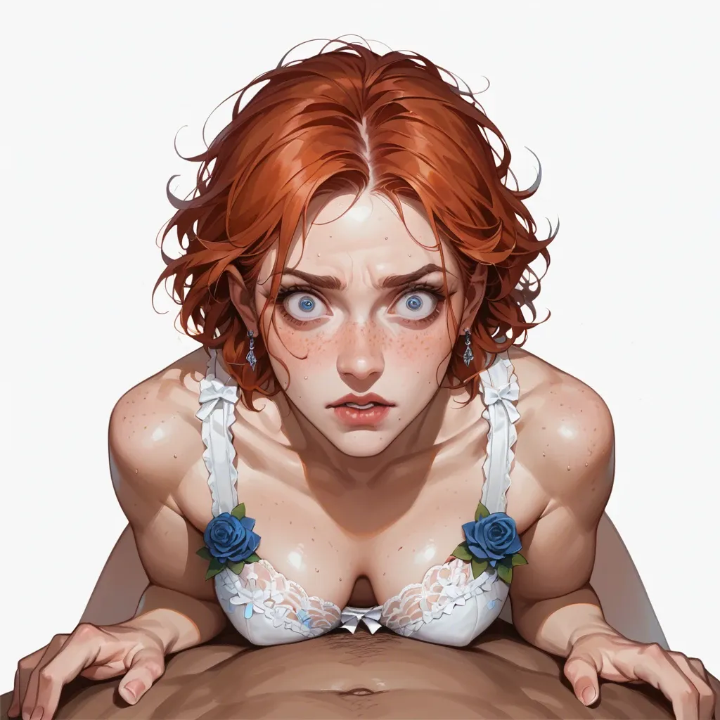 Juliette, innocent, French, redhead, freckles, half naked, white lingerie, blue floral ruffles, white background, plain background, looking at viewer, wide eyed expression, rough, cruel, lying on her stomach, vaginal sex, man touching her head, Keqing, keqing, laying on ground, police uniform, dark alley, mind break, covered in cum, naked, broken mind