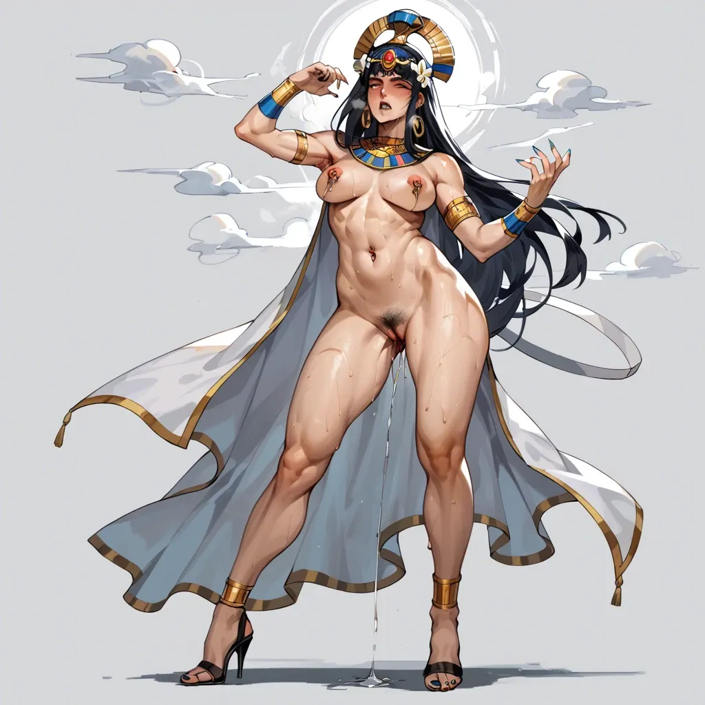 Aphrodite from hades, anime art style, high heels armpit fetish, steam, hot breath, angry eyes ,blushing, pussy juice, Egyptian, standing, one foot raised pubic hair sweaty navel piercing nipple piercing painted nails toe ring foot fetish foot focus, , spreading ass,