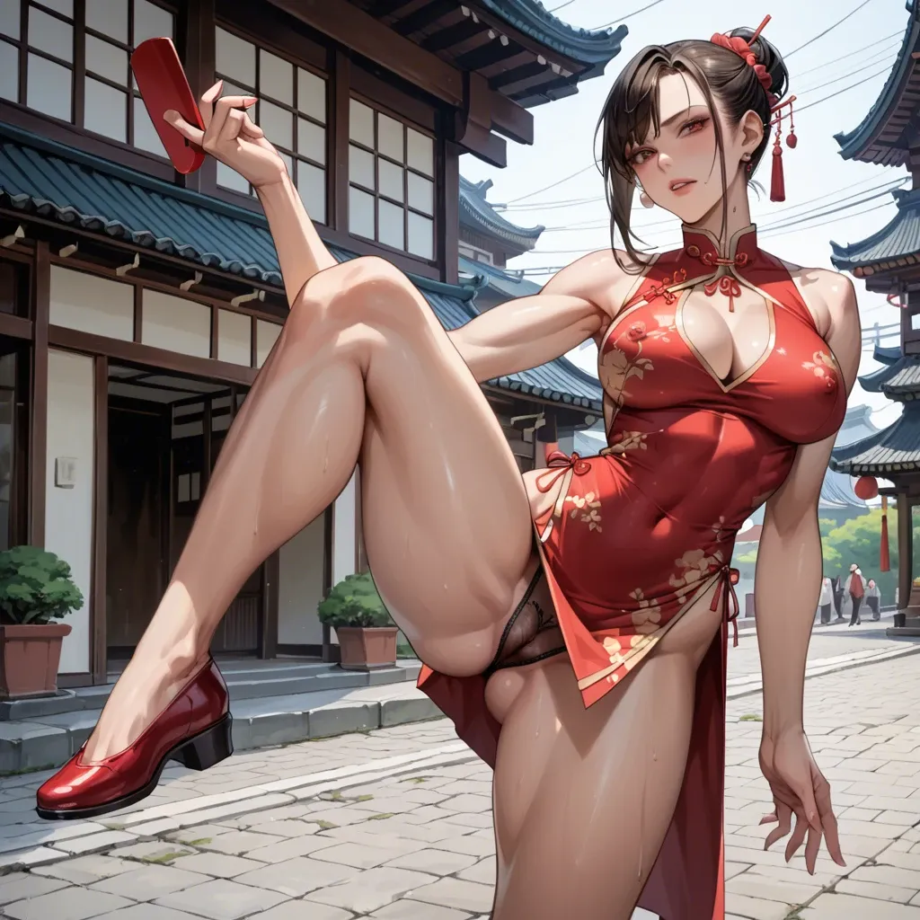 cupless tight micro qipao, upskirt, thin waist, japan town, leg up, athletic body, very deep cleavage, tits out, perky round tits, pushup tits, side view, upskirt, seductive face, large burgundy closed lips, heavy upper lips, hair braid, vulgarity