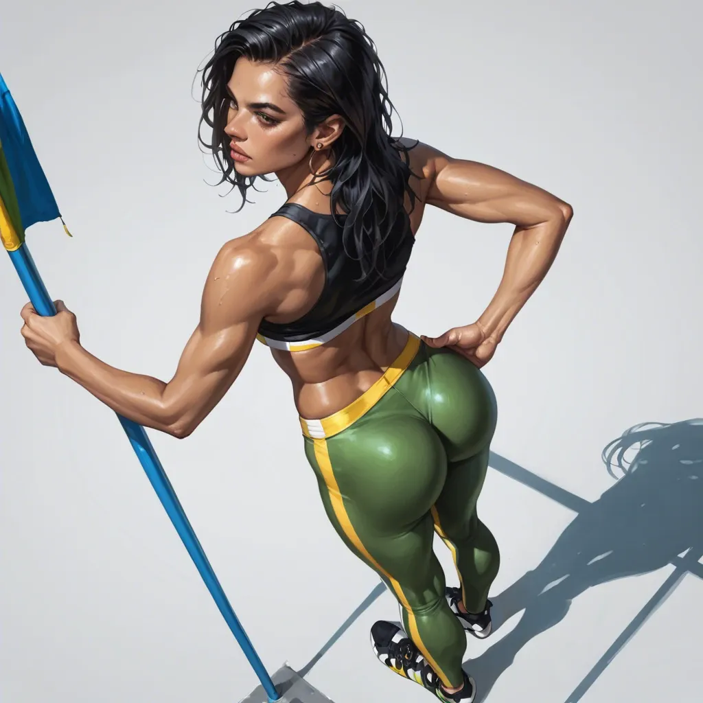 Realistic 3d artstyle, brazilian, ebony skin,  standing, top angle view, black hair, showing off ass, wearing brazilian flag leggings, wearing black crop top