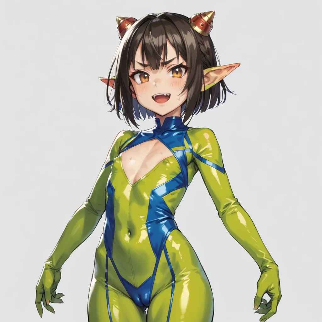 kawakami rokkaku, solo goblin girl, open smile, highleg bodysuit, cleavage cutout, sidebob, mini horns, flat chest, nipple bulge, cameltoe, puffy thighs