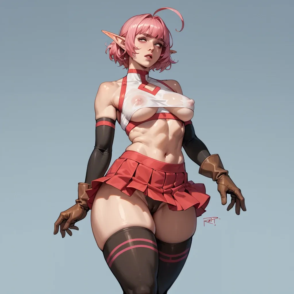 brendancorris, solo elf, crop top, red mini skirt, brown gloves, black socks, thighhighs, armwear, ahoge, pink bangs, huge sidelocks, medium breasts, nipple bulge, cameltoe, puffy thighs