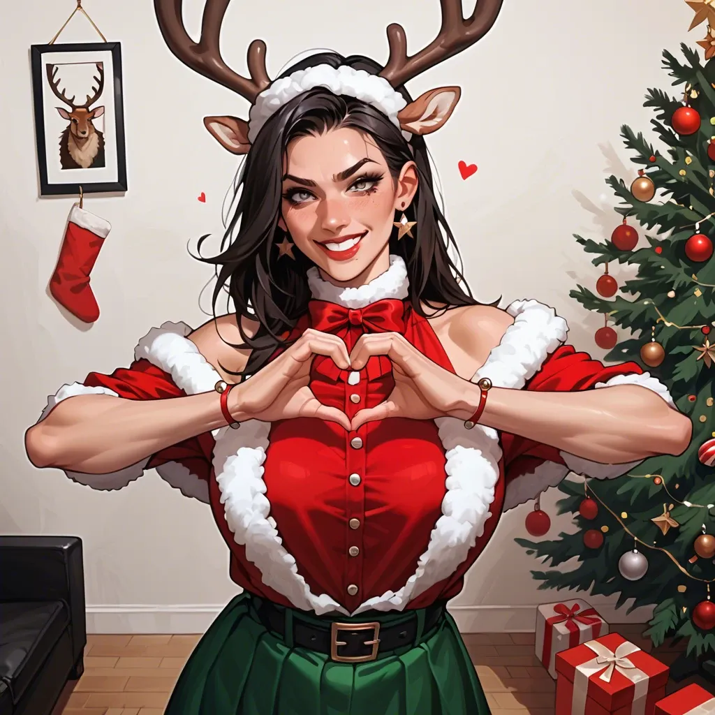 Sara, dressed as Santa, naughty smile, standing, reindeer antlers, heart hands, chimney, Christmas tree