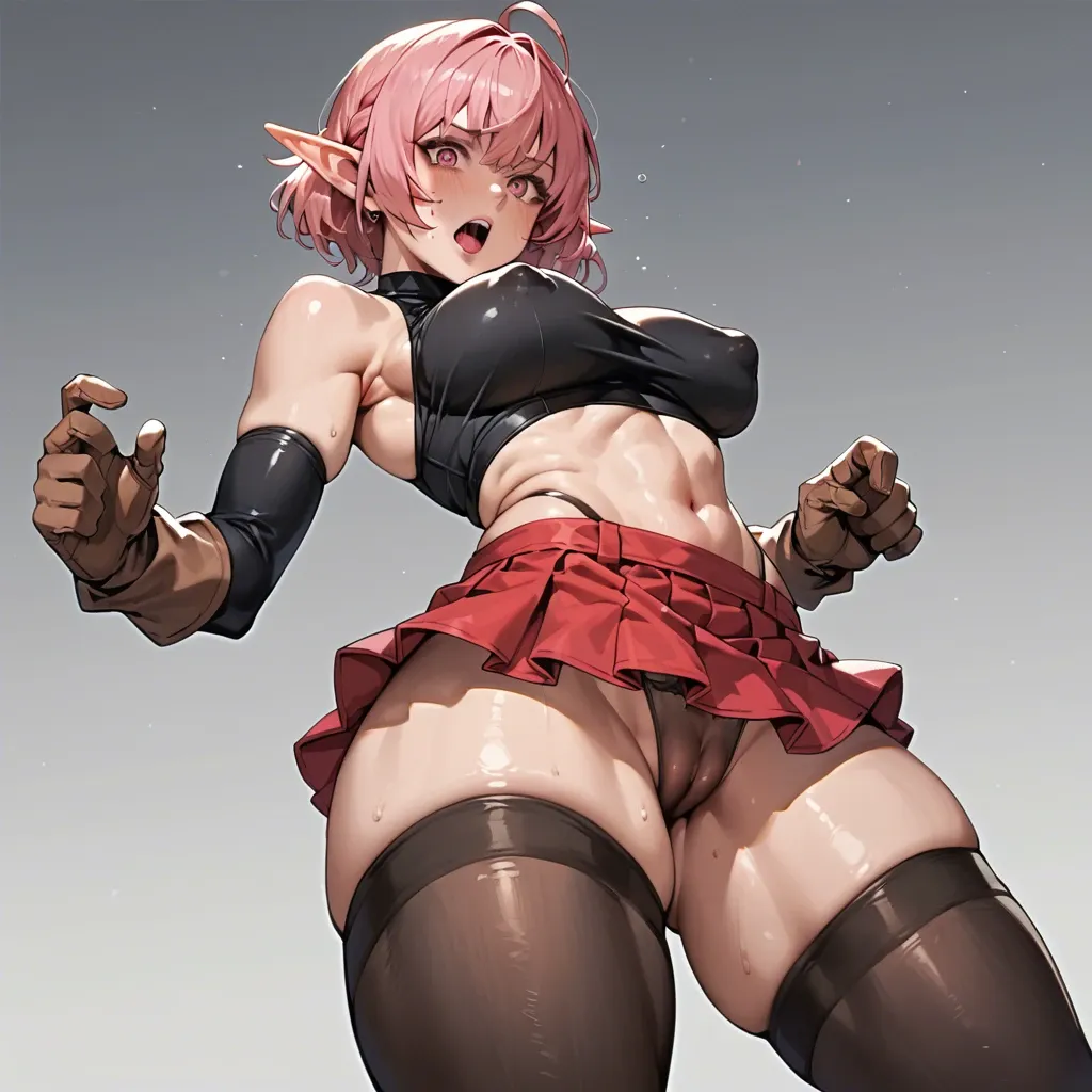 bcdickchix, solo elf, black top, red mini skirt, brown gloves, black socks, thighhighs, armwear, ahoge, pink bangs, huge sidelocks, medium breasts, nipple bulge, cameltoe, puffy thighs