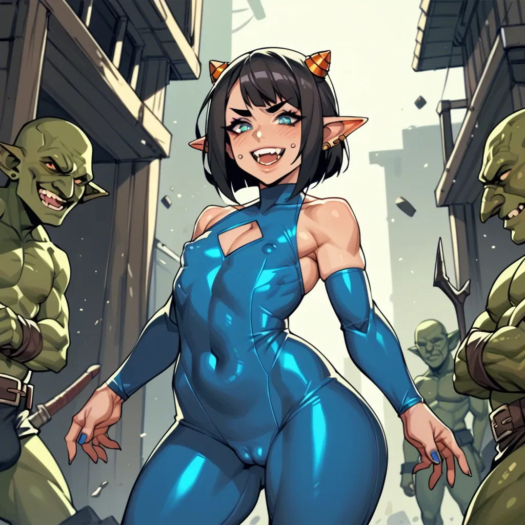 nyorube, goblin girl, open smile, one-piece bodysuit, cleavage cutout, sidebob, mini horns, flat chest, nipple bulge, cameltoe, puffy thighs