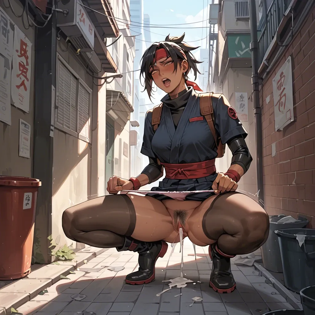 Clothed Female Ninja, Tan, public alleyway, panties pulled down, stockings, pussy , creampie sex, hairy pussy , eyes crossed, blushing, shaking, squatting