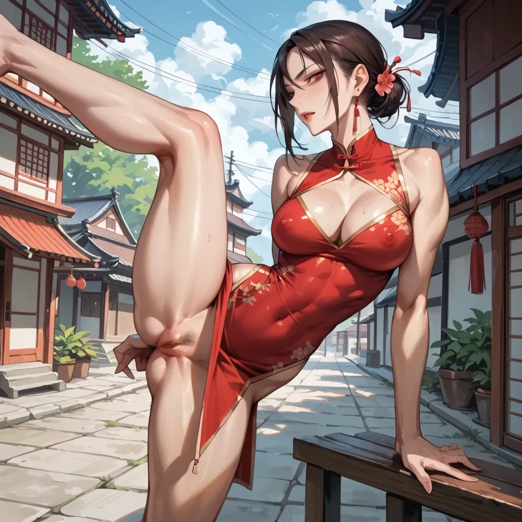 cupless tight micro qipao, upskirt, thin waist, japan town, leg up, athletic body, very deep cleavage, tits out, perky round tits, pushup tits, side view, upskirt, seductive face, large burgundy closed lips, heavy upper lips, hair braid, vulgarity