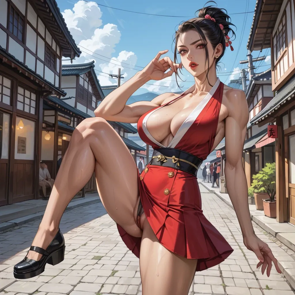 cupless tight micro kimono, upskirt, thin waist, japan town, leg up, athletic body, very deep cleavage, tits sticking out, show perky round tits, side view, upskirt, seductive face, large burgundy closed lips, heavy upper lips, hair braid, vulgarity