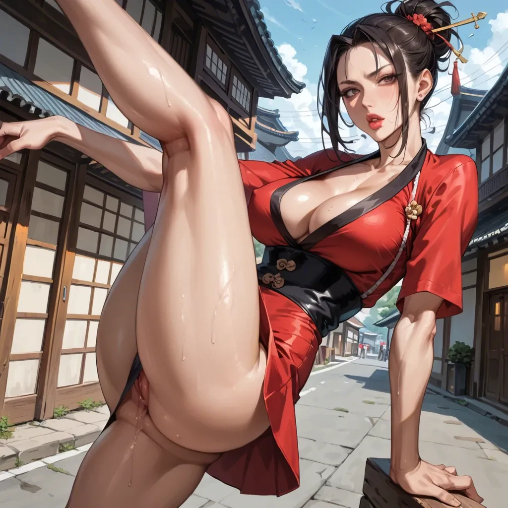 cupless tight micro kimono, upskirt, thin waist, japan town, leg up, athletic body, very deep cleavage, tits out, show perky round tits, side view, upskirt, seductive face, large burgundy closed lips, heavy upper lips, hair braid, vulgarity