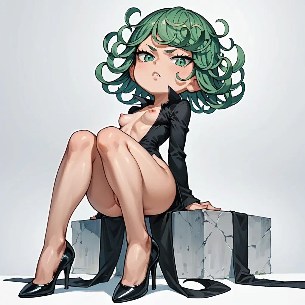 Tatsumaki, solo female, heels, big ass, wide hips, from below, clothing cutout, exposed nipples, shaved vagina, sitting, chibi